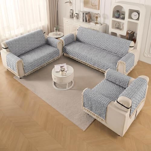 Image of Story@Home Sofa Cover with Tassel for 2 Seater Sofa | Full Protection for Seat Back & Arms | Quilted Velvet Anti Slip Sofa Mat for 2 Seater with 2 Armrest Covers (152x122 Cm) - Navy Blue & White