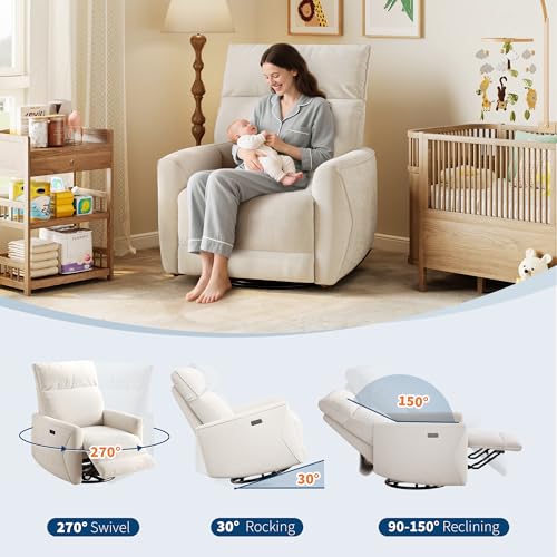 Image of GarveeHome Power Recliner Chair, 270 Swivel Rocking Glider with USB Charging Port, Chenille Upholstered Fabric, Ergonomic Modern Nursery Chair for Living Room, Bedroom, Nursery (Beige)