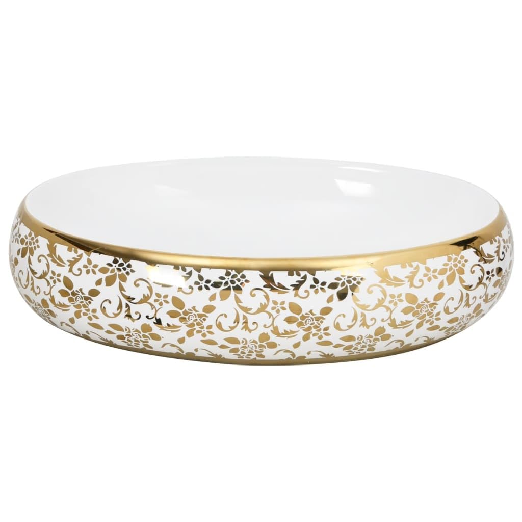 ShGaxin Lavabo sobre encimera Ovalado cerámica Blanco Dorado 59x40x15cm, Fregadero, Lavabo Baño, Lavamanos Baño, Lavatorio Casa De Banho, Mueble Lavabo sobre Encimera - 155111