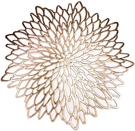 Set of 6, Gold Metallic Vinyl Round Placemats Laminated Plastic Morden Dining Table Decoration, Leaf by Snowkingdom