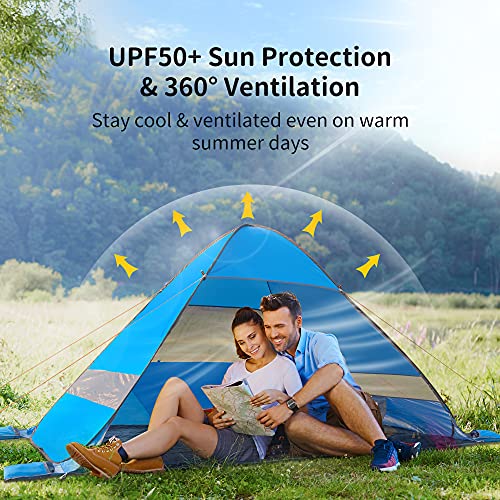 Image of AKASO Beach Tent, Anti UV Pop Up Camping Tent, Ultralight Easy Set Up Small Tents with Carry Bag for 4 Person Hiking Glamping Beach Outdoor
