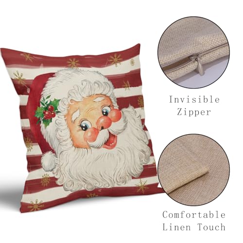 Sivirary Red Christmas Santa Claus Pillow Covers 18X18 Inch Set Of 2, Xmas Gold Snowflakes Vintage Striped Decorative Throw Pillow Cases Outdoor Winter Cushion Covers Holiday Farmhouse Sofa Couch Bed Decor thumb #3
