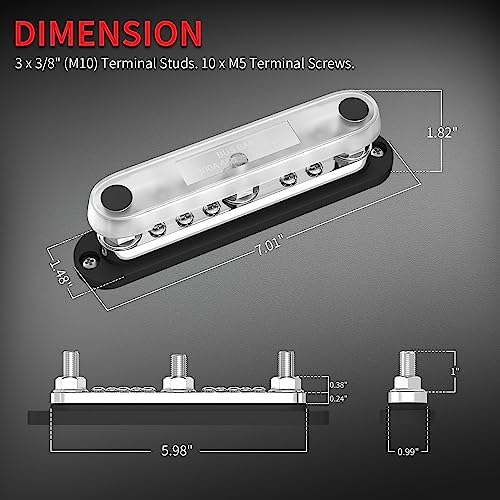 Image of DaierTek 300A Copper Bus Bar 12V, Power Distribution Block with Cover 3 x 3 /8 inch M10 Studs & 10 x M5 Terminal Screws for Car Marine Solar Battery Negative & Positive