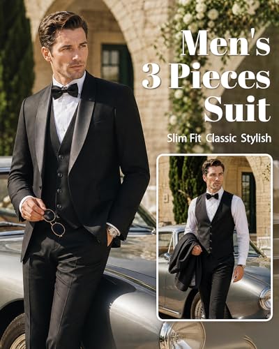 Image of MY'S Mens 3-Piece Suit Shawl Lapel One Button Tuxedo Winter Fabric Slim Fit Premium Dinner Jacket Vest Pants & Tie Set