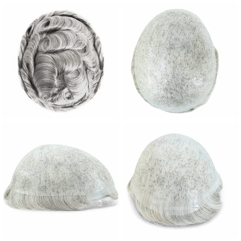 Natural Mens sistema de reemplazo de cabello humano real Caballeros Cabello humano postizos finos polivinílicos V bucle negro gris pelo toupee