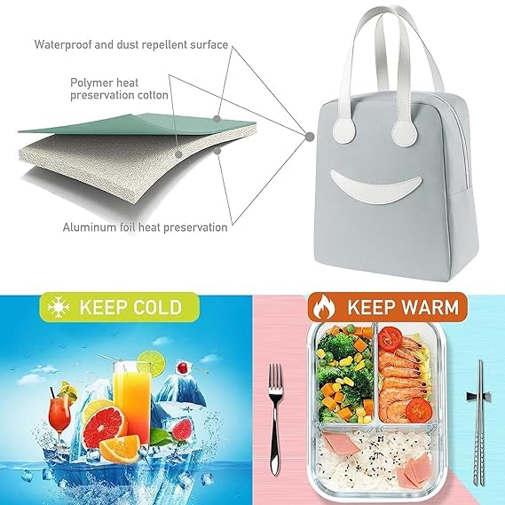 Image of Lunch Bag for Women Men, Gray, Large | Thermal Insulated, Waterproof, Reusable, Office School Travel, Smiley Lunch Bag