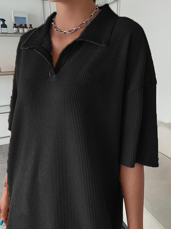 Image of Zilcon Womens Half Sleeve Oversized Tshirt for Woman Trendy Casual V Neck Summer Collared Preppy Tops Fashion Loose Fitted Western Tops for Women Stylish