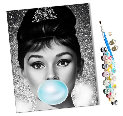 WMZPOY pintar por numeros adultos Audrey Hepburn soplando chicle DIY pintar por números,pinturas para niños,paint by numbers lienzos para pintar cuadros decoracion(16' x 20')