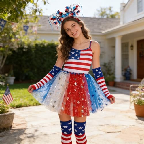 BleSky 4th of July Tutu Set Red White and Blue Tutu Patriotic Costume Accessories Set Independence Day Costume Halloween Cosplay Party for Girl Women