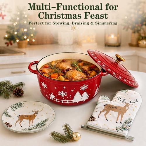 QuliMetal Schmortopf aus emailliertem Gusseisen, rund, 24 cm, mit weihnachtlichen Motiven | Für Schmoren, Eintöpfe & Braten… – Ansicht 7