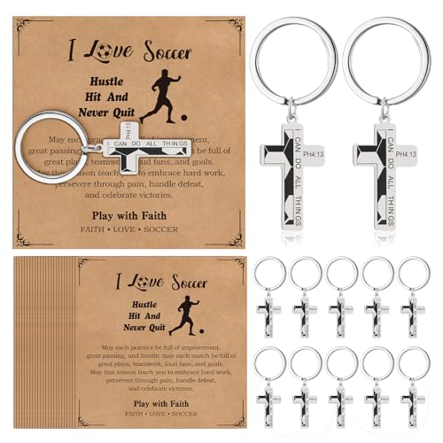 Image of Quelay 24 Sets Football Baseball Softball Christian Cross Keychain with Cards Metal Faith Gift for Teen Athletes