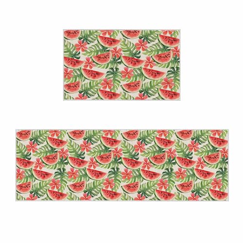 2 Pieces Kitchen Rugs and Mats,Watermelon Tropical Leaf Flower Area Runner Rug Set Non Slip Floor Doormat Washable Carpet Standing Mat for Kitchen Sink Indoor Corridor,Summer Fruit Plant on Linen