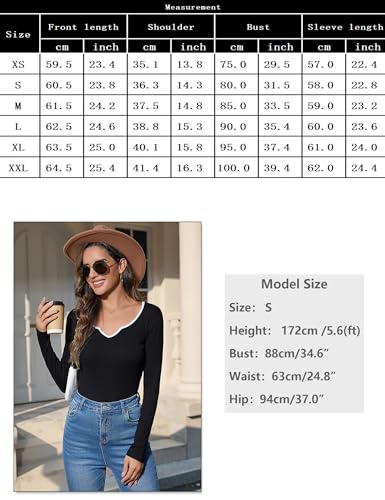 Aseniza Camiseta Manga Larga Mujer Ajustada Escote V Ondulado Térmica Algodón Camiseta Elástica Ropa Interior Slim Fit Camiseta Básica Casual Primavera Otoño Oficina Tops