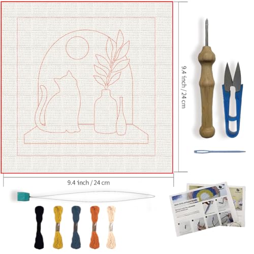 Image of FREEBLOSS Punch Needle Kits Starter Embroidery Set Punch Needle Rug Kit with English Instructions for Adults Beginners Craft Lovers with Printed Cat and Windowsill Pattern 24x24cm /9.4x9.4inch