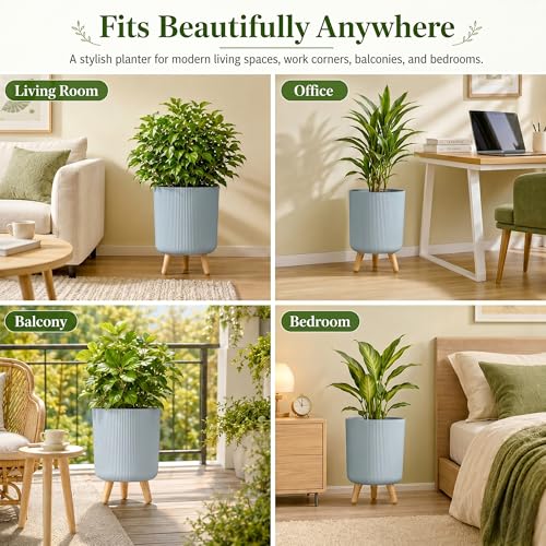 Image of Eightiz Store Modern Dusty Blue Flower Pot with Plastic Legs | Indoor Outdoor Planter for Home Garden Balcony Decor Ribbed Design Sturdy Plastic Mid-Century Style (Dusty Blue, Pack of 2)