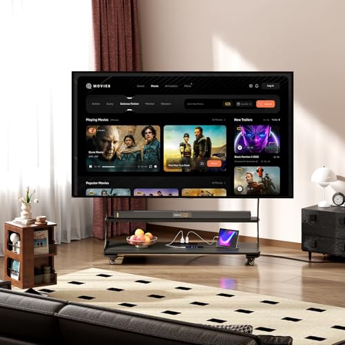 Arc-Shaped Art Mobile TV Stand Rolling TV Cart with Wheels for Most 50-100 Inch TV Portable Floor TV Stand with 2-Tier Wooden Shelves, Height Adjustable Holds up to 220lbs,VESA 900x600mm,Black