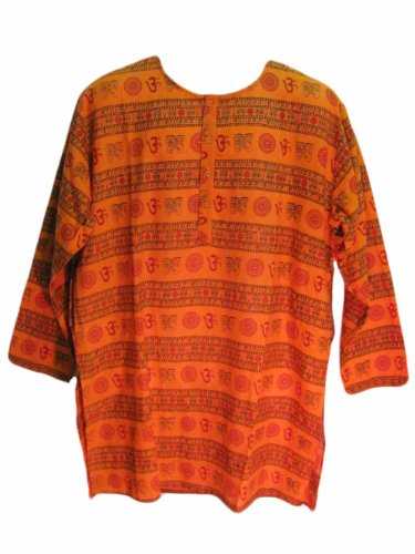 Mens Indian Bohemian Block Print Ethnic Orange & Red Om Kurta with Sanskrit