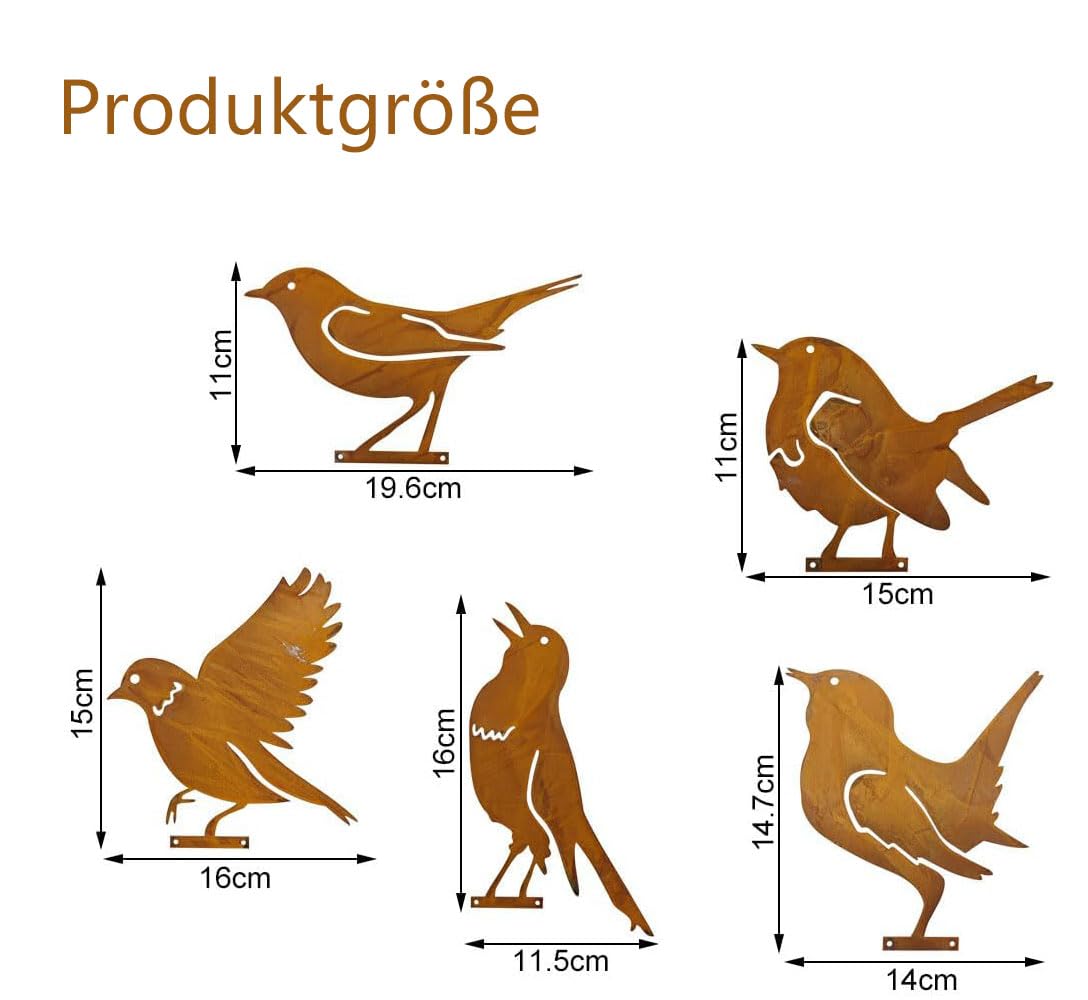 Voarge Pack of 5 Rusty Birds Decorative Rust, 5 Patina Metal Bird Stakes, Garden Decoration, Rust Look with Screw Thread - Image 2