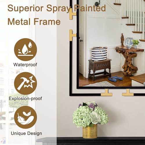 Image of 48 inchx32 inch Large Black and Gold Vanity Bathroom Mirror, Modern Metal Frame Wall Decor, Horizontal and Vertical Mount for Living Room Entryway