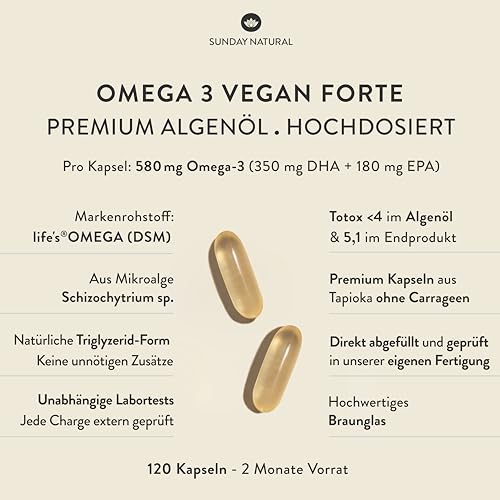 SUNDAY NATURAL® Omega 3 Vegan Forte - 120 Softgel Kapseln - 2.000 mg Algenöl pro Tagesdosis: 700 mg DHA + 360 mg EPA - Omega 3 Kapseln - Laborgeprüft