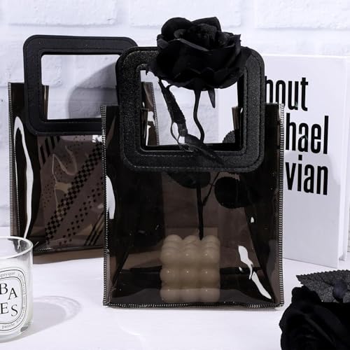 Image of SATYAM KRAFT 6 Pcs Transparent Reusable Leather Goodie Bags | Elegant Gift Bags for Her /Him Wedding Return Favors, Engagement Hampers, Marriage, Birthday & Festival Gifting | Handle Hamper Shopping Carry Bags (Black)