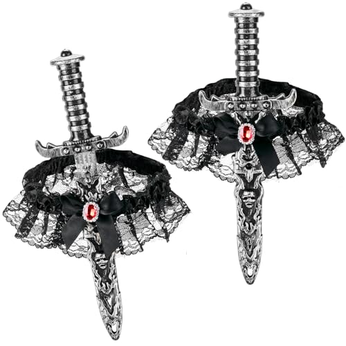 2 Pcs Pirate Sword Dagger with Lace Bow Pirate Cosplay Women Plastic Sword Toy with Elastic Thigh Garter Pirate Accessories Women Silver
