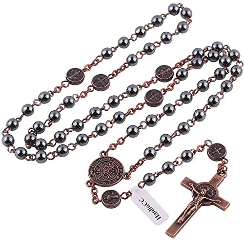 HanlinCC 6mm Hematite Stone Black Beads with Antique Copper Plated St.Benedict Center Piece Medal and Crucifix Cross Catholic Rosary Necklace for Men and Women with Black Velvet Bag2