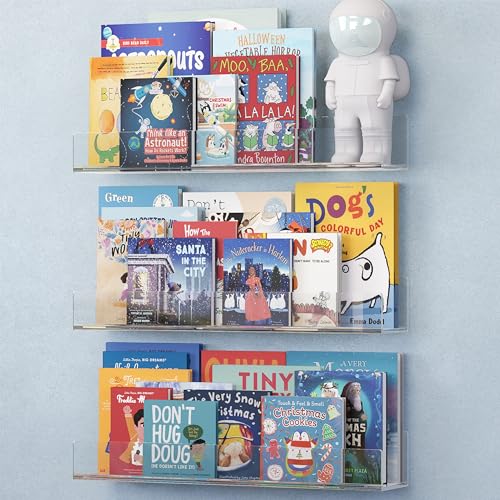 Image of NATURE SUPPLIES Acrylic Bookshelf, Set of 3, 16" Clear Floating Shelves, Modern and Durable Nursery Wall Display for Books and Toys, Stylish Acrylic Shelving for Home or Office Décor
