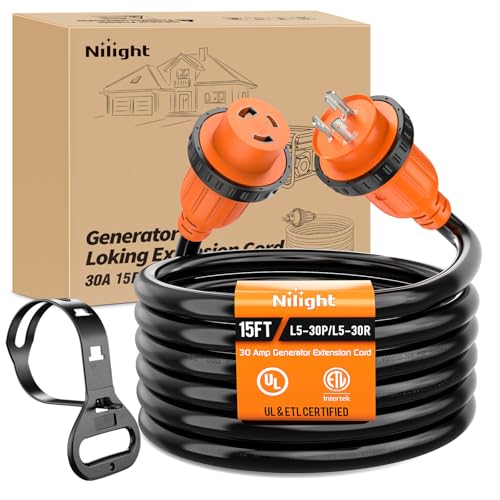 Image of Nilight 30 Amp 15FT Generator Extension Cord 3 Prong Shore Power Cords with Locking Waterproof NEMA L5-30P L5-30R Cable Heavy Duty 10AWG ETL Listed for RV Marine Boat Generators Outdoor Use