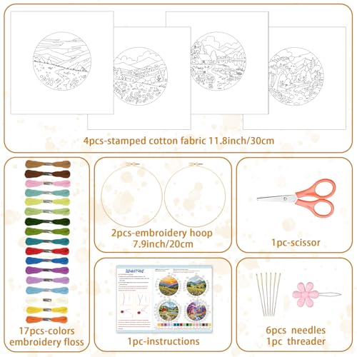 Image of BEUNITONE 4 Set Fairy Tale Landscape Embroidery Kit for Beginners 7.9 inchx7.9 inch Pre-Stamped Pattern Needlepoint Kits with Hoop, Tools & Instruction, Handamde Embroidery Kits for Fabric and Home Decor