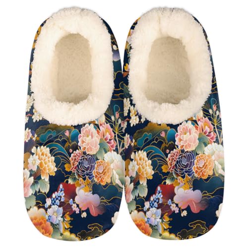 Japanese Style Flowers Slippers for Women Slipper Socks Soft Fuzzy House Slippers Shoes for Indoor Bedroom, Winter Cozy Christmas Gifts