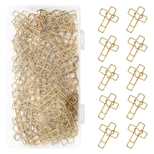 100 PCS Gold Heart Cross Paper Clips, Christian Bible Paper Clips Clamps, Bible Study Supplies for Office School Home Use
