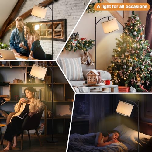 Image of Ambimall 60 inch Floor Lamp for Living Room with 3 Color Temperatures, Beige Lampshade with Black Stripes, Tall Lamp for Bedroom Office, 9W Bulb Included