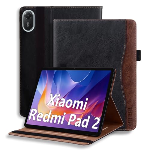 Protection Redmi Pad 2 11 pouces : étui cuir noir ajustable avec porte-cartes et stylet