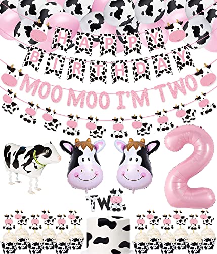 62 Packs Cow 2nd Birthday Party Kit Moo Moo I'm Two Banner Happy Birthday Banner Two Cake Topper Cow Cupcake Toppers Cow Mylar Balloons for Girls' Farm Animals Cow First Birthday Party Decorations