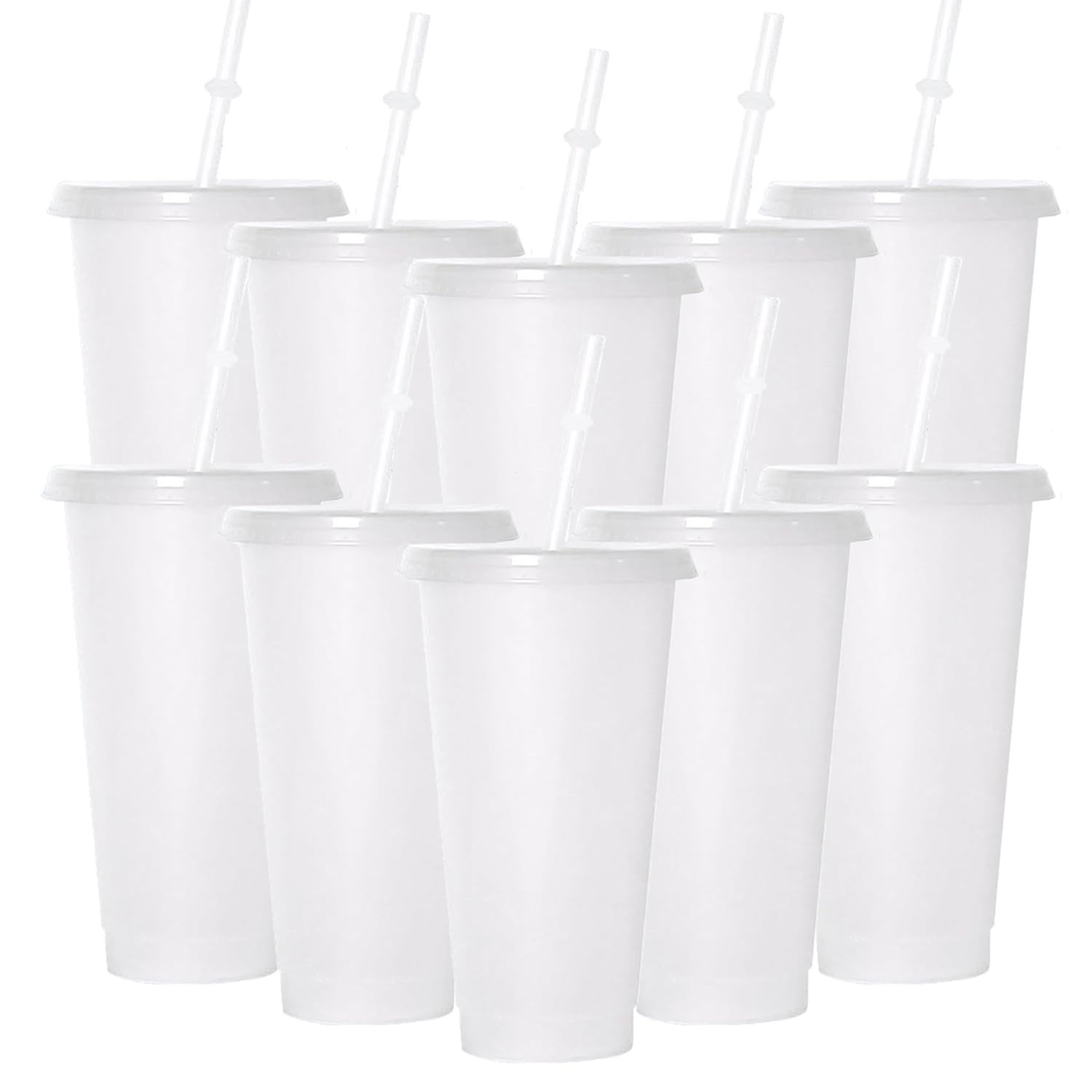 Punklong 10 Pack Clear Plastic Cups with Lids and Straws,24 oz Reusable Clear Plastic Tumblers,Party Tumbler Cup Iced Coffee Cup Travel Mugs for Adult Kid Women Party and Beach