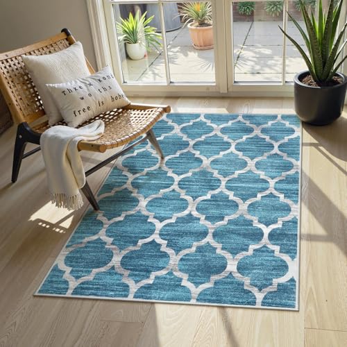 Lahome Moroccan Washable Rugs 3x5,Non-Slip 3x5 Entryway Blue Rug for Bedroom Accent Indoor Distressed Rugs Throw Carpet for Living Room Laundry Room Decor (3’ X 5’, Blue)