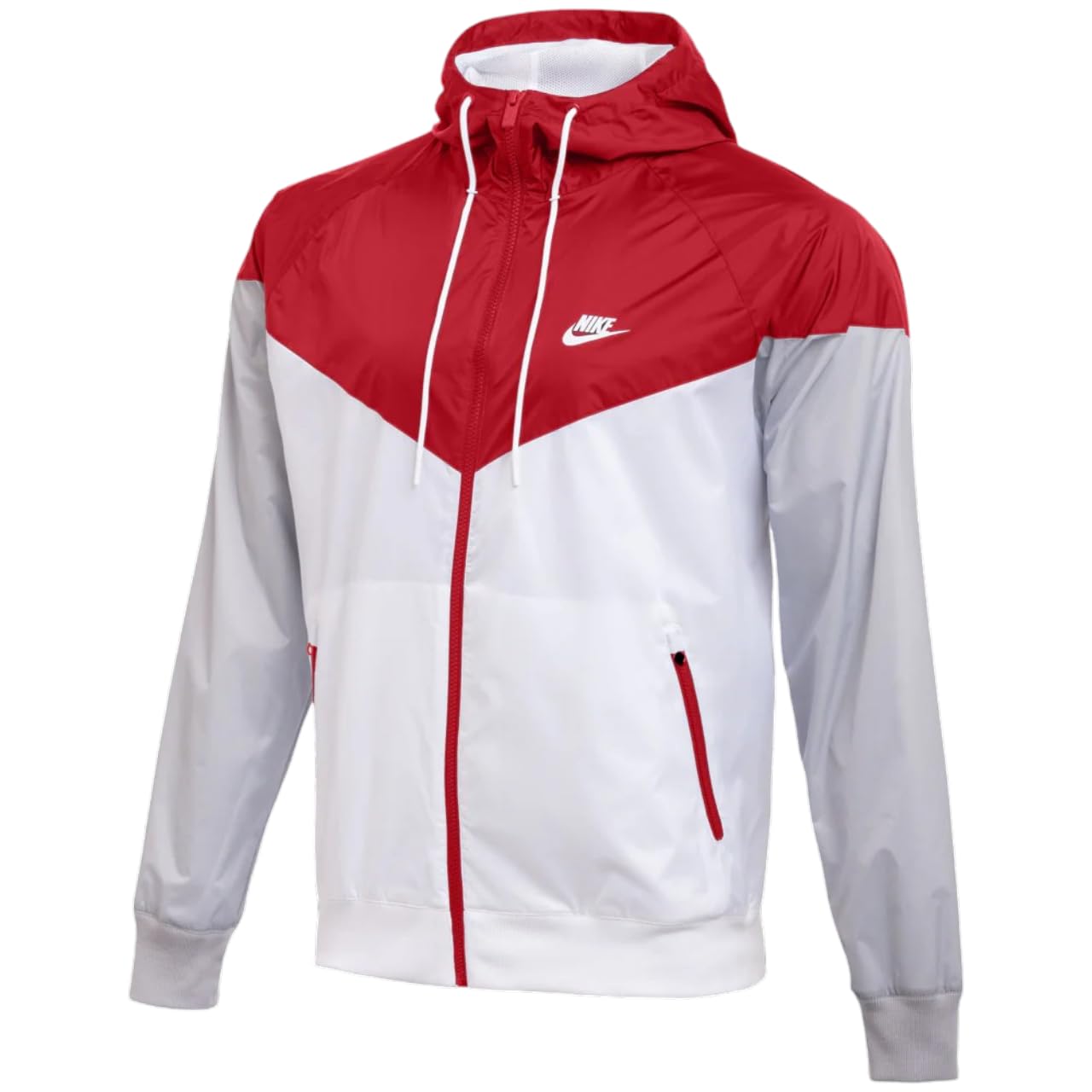 NIKE Chaqueta cortavientos con capucha para hombre, Escarlata/Blanco, Medium