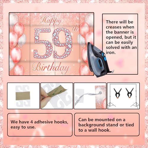 Image of Happy 59th Birthday Rose Gold Banner Cheers to 59 Years Old Backdrop Confetti Balloons Theme Decor for Women 59 Years Old Pink Birthday Party Decorations Bday Supplies Background Favors Gift Glitter