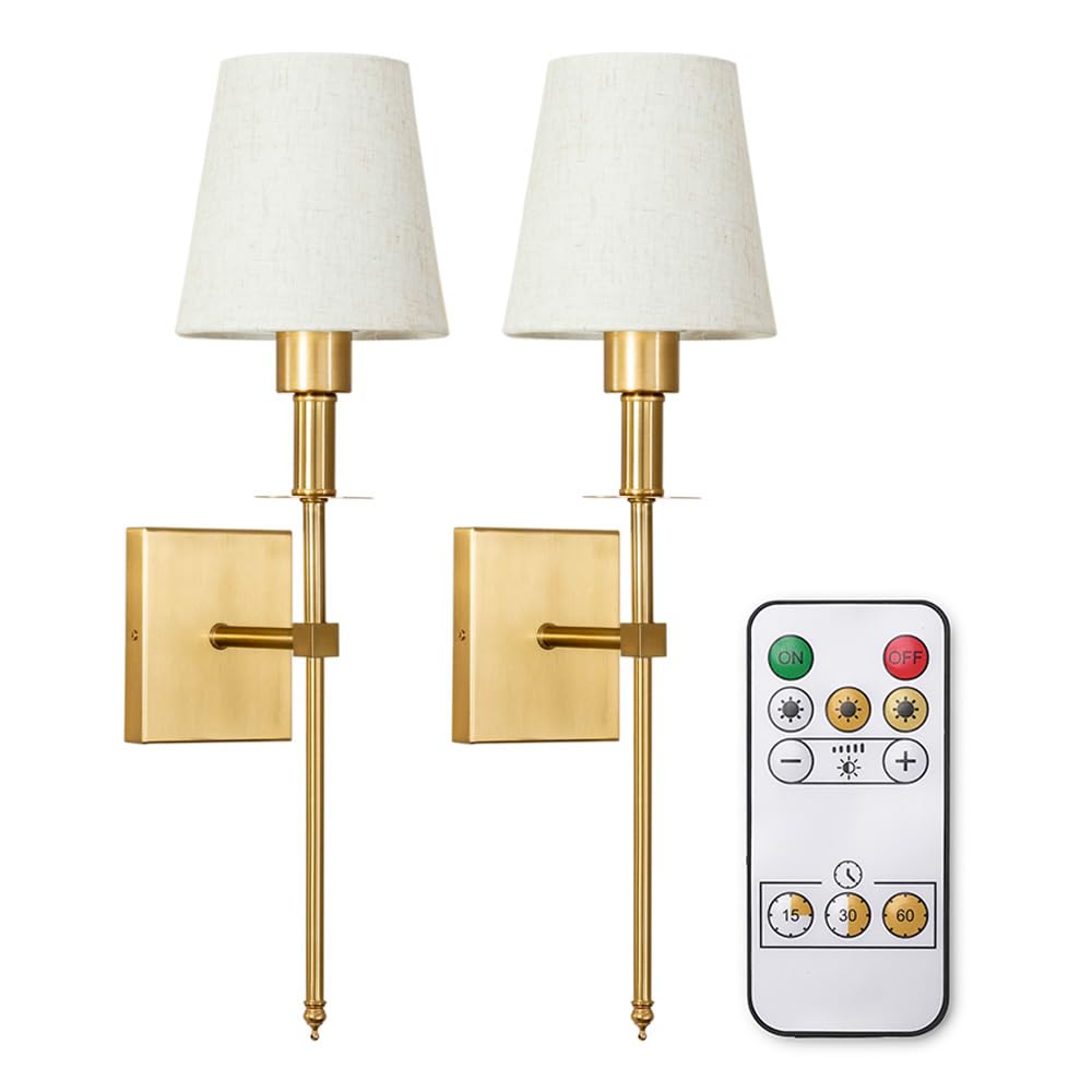 ValueLights | Set of 2 Rechargeable Easy Fit Wall Light with Fabric Shade, Remote Control Dimmable LED Lamp, Non Hardwired Wall Sconce - Antique Brass | Wall Lights & Home Improvements Essential