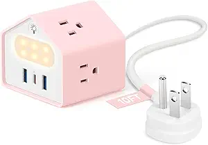 Lovely-Pink Power Strip with Night Light - Kawaii USB C Power Strip Desk Accessories - 4 Outlets 3 USB Ports - Dinky Surge Protector Plug Extender for Home, Office, Dorm, Travel, Hotel, Women, Girls