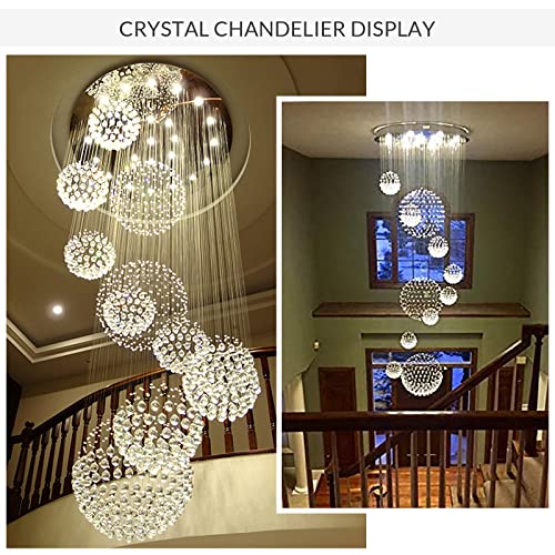 Siljoy High Ceilings Crystal Chandelier Modern 11 Sphere Spiral K9 Raindrop Foyers Chandeliers 13 Lights Large Flush Mount Ceiling Light Fixture For Staircases Villas Entryway, Dia 31.5" X H110 #TOP1