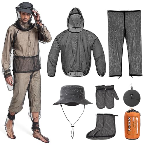 Conjunto de 5 piezas de traje antimosquitos con sombrero de red de cabeza de visera, traje de mosquitos, protección contra mosquitos, red de malla ligera, ropa de verano con chaqueta, guantes