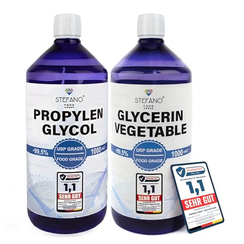 STEFANO FOOD Glycerin (VG) 99 7% + Propylenglycol (PG) 99 8% - 2x1000ml flüssig [Set] - 100% Pflanzenbasiert - USP & Lebensmittelqualität - E422+E1520 - Flasche versiegelt mit Sicherheitsverschluß