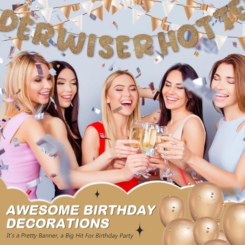 Image of Fulmoon Set of 3 Pre Strung Older Wiser Hotter Glitter Banner Funny Birthday Banner for Women 30th 40th 50th 60th 70th 80th Birthday Party Decorations Sign Gift(Dark Champagne)