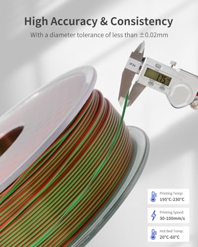 Image of Silk PLA Filament 1.75mm Dual Color Green Red 1KG, Metal-Like Shiny 3D Printer Filament, Precision ±0.02mm, Neatly Wound, No Clog /Bubble, Durable, Excellent Layer Adhesion, Fits Most FDM Printers