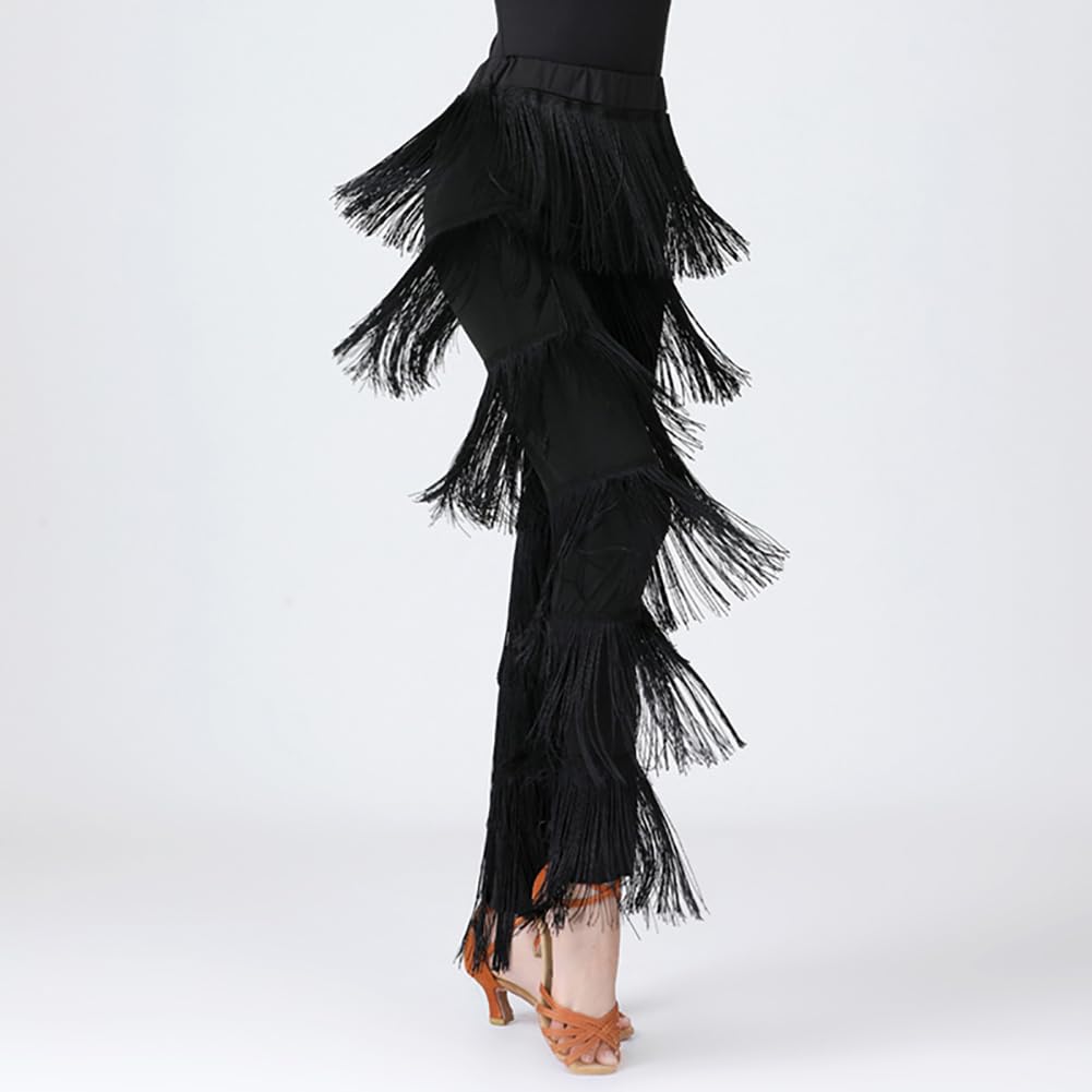 Inlefen Pantalones de Baile Latino para Mujer Con Borlas y Flecos Escalonados - Rendimiento de Tango Cha-Cha, Cintura Elástica