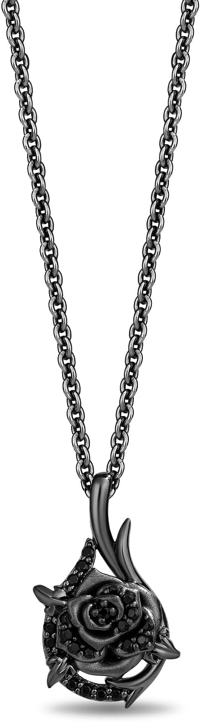 Jewelili Enchanted Disney Fine Jewelry Black Rhodium over Sterling Silver with 1/6 CTTW Diamonds Maleficent Thorny Rose Pendant Necklace