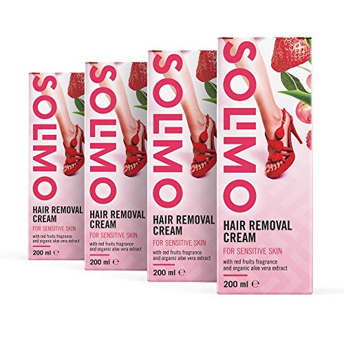 Marca Amazon - Solimo - Crema depilatoria para pieles sensibles con aroma de frutos rojos y extracto de aloe vera ecológico, Pack de 4 (4 unidades x 200 ml)