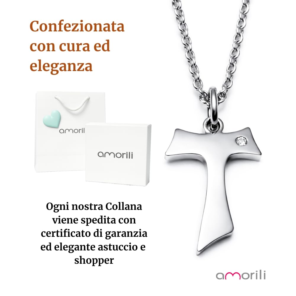 Collana Tau Francescano Uomo Donna in Acciaio Inox con Zircone Bianco – Pendente Religioso Cattolico Cristiano Simbolo di San Francesco – Gioiello Spiritualità Fede Regalo